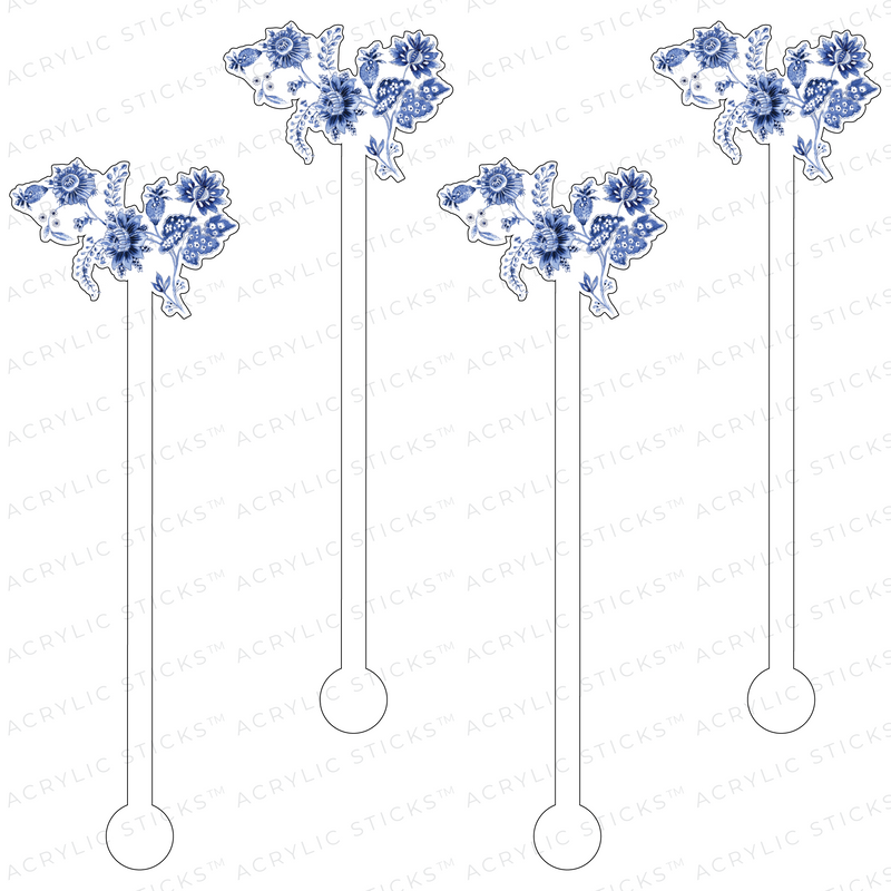 BLUE & WHITE EXOTIC FLOWERS ACRYLIC STIR STICKS