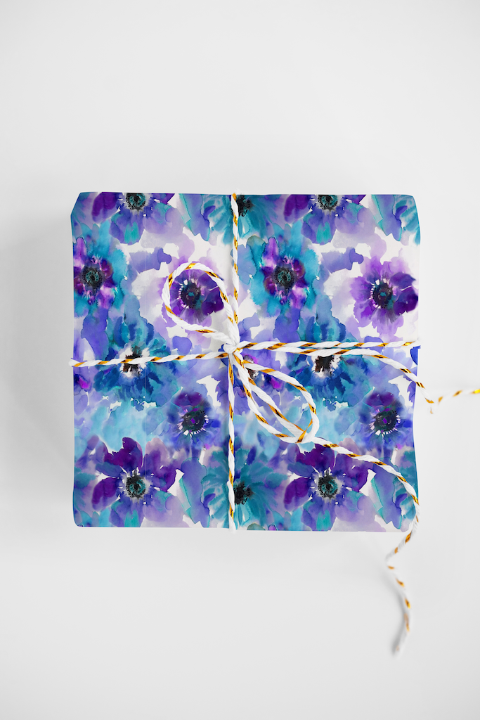 ORCHID BLUE WATERCOLOR ANEMONES DESIGNER GIFT WRAP ROLL*
