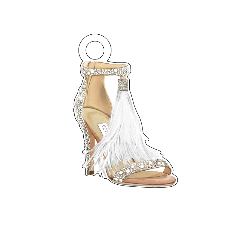 CRYSTAL FEATHER TASSEL STRAPPY HEEL ACRYLIC GIFT TAG